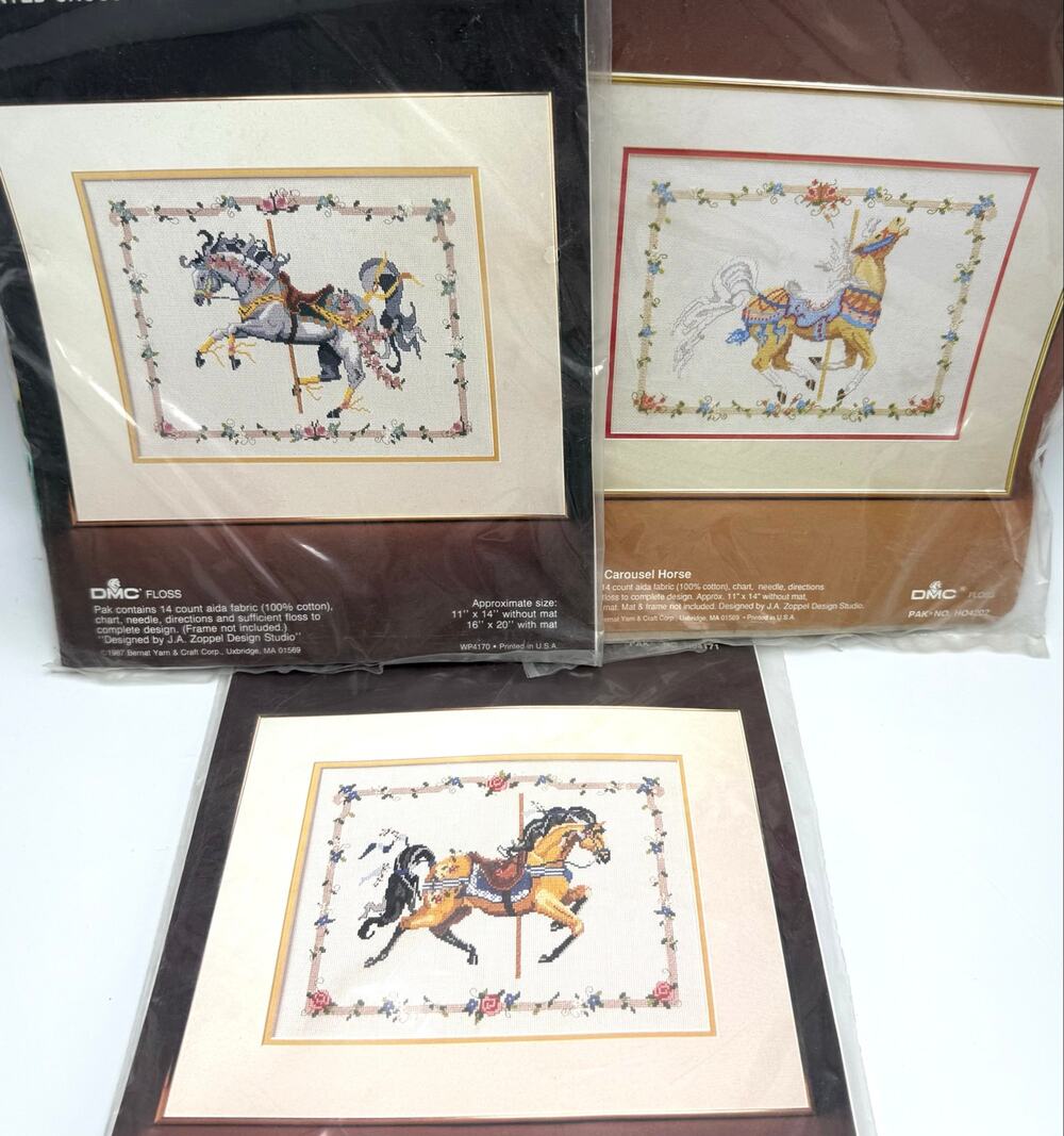 Lot 3 Vintage Bernat Carousel Horses Counted Cross Stitch Kits Gray Tan Prancing